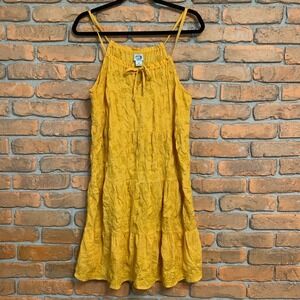 Lucky Brand Yellow Embroidered Tiered Sundress Tie Neck Halter Women's‎ Medium